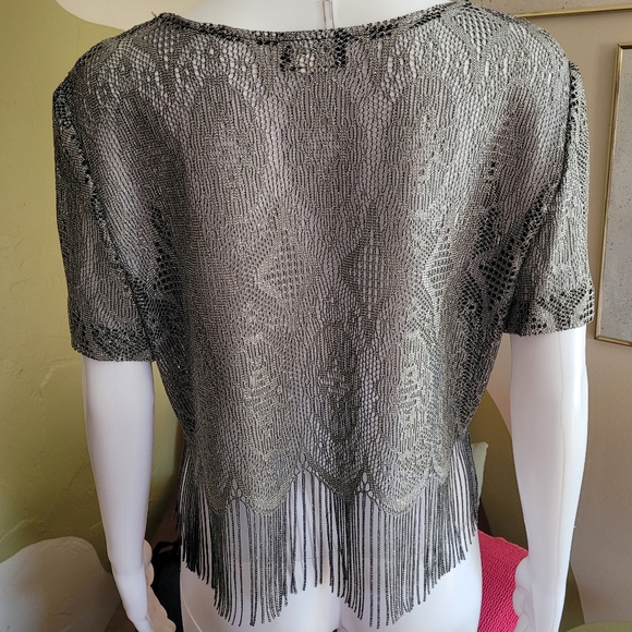 Vintage Virgo Brand Silver Knit Crochet Style Fringe Crop Top Blouse - Picture 3 of 8